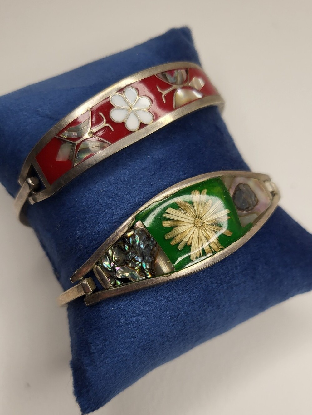 Alpaca Mexico Floral Inlay Bangle Bracelets 2 - Green & Red